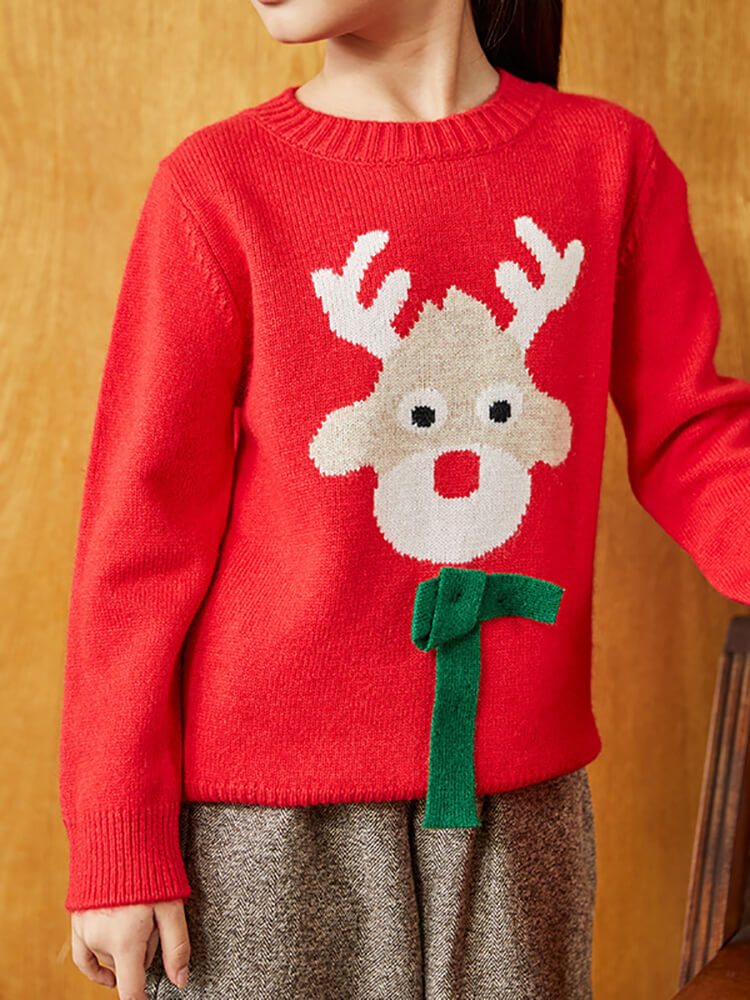 Kids Christmas Reindeer Cashmere Sweater with 3D Bow